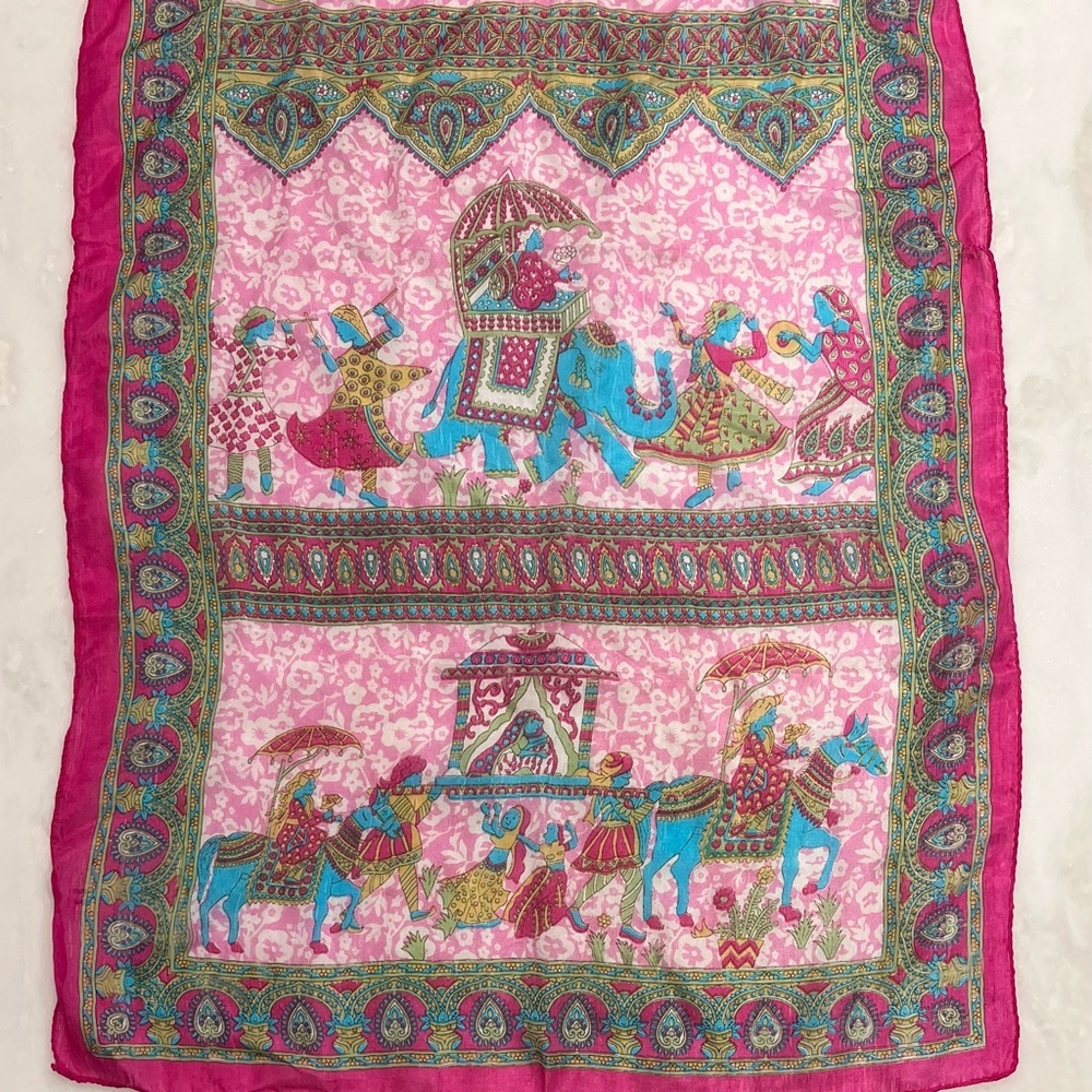 Vintage Silk Scarf Elephants Horses Paisley Pink Made India 18” X 68” Rectangle - Picture 7 of 16